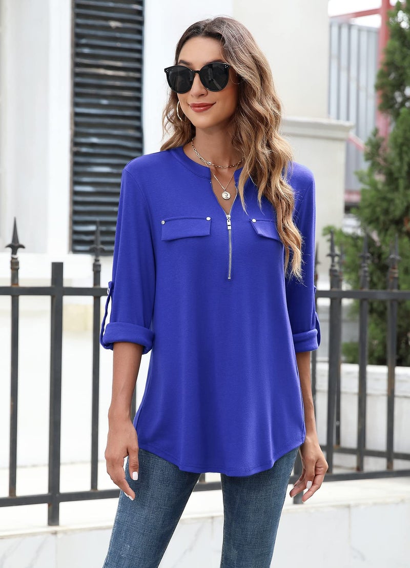 Bulotus 3/4 Sleeve Tunic Tops for Women Loose Fit Dressy, Ladies Tops and Blouses Spring Casual Shirt Fashion 2025 Work Blouses for Women Professional, Blue, XL - Image 2